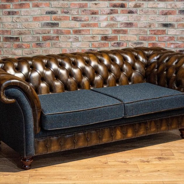 Chesterfield Belmont Sofa: Three-seater Harris Tweed-Leather Hybrid